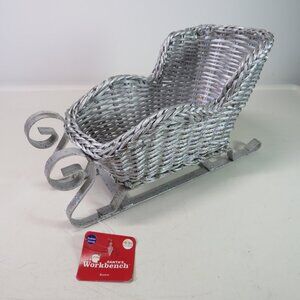Glittered Silver Wicker Sleigh w Metal Runners